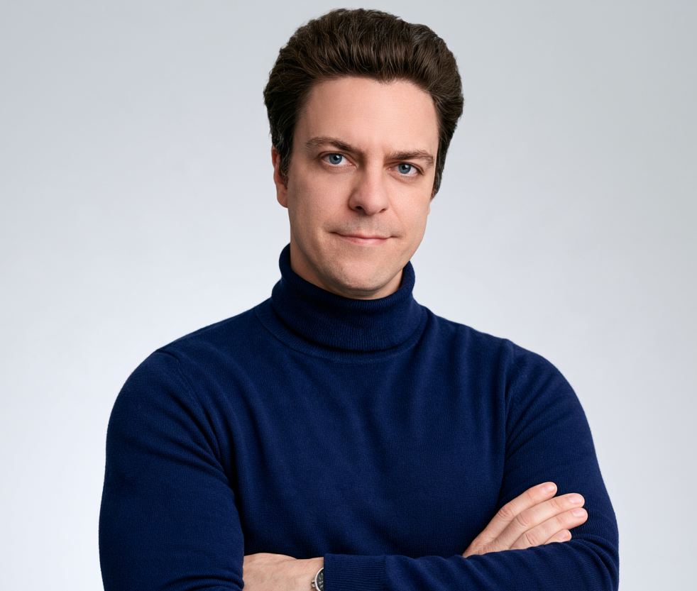 Bogdan Ivanov wearing a navy turtleneck